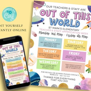 Space LEHRER ANERKENNUNG Bearbeitbare Flyer-Vorlage, Mitarbeitereinladung, Familien-Newsletter, PTO Take Home Flyer, Out of This World druckbare, Corjl