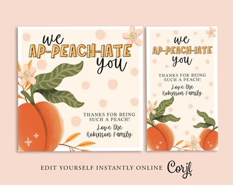PEACH Appreciation Gift Tag, Teacher, Friends, Mothers Day, Valentine, Thankyou Card, PTO, Printable, INSTANT, You're A Peach