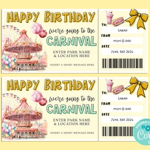 Birthday CARNIVAL Editable Gift Ticket Template, Birthday Gift Certificate, Surprise Ticket, Getaway, INSTANT, Theme Park, Amusement Park