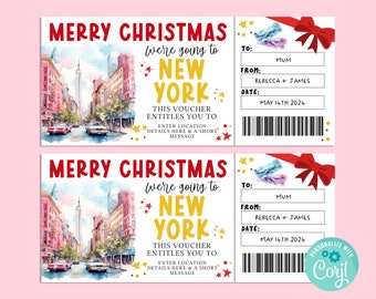 May include: A printable Christmas voucher with a watercolor illustration of New York City. The voucher is for a trip to New York City and says "Merry Christmas we're going to New York." The voucher is dated May 14th, 2024.