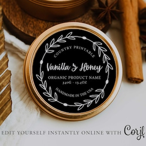 Adesivo prodotto modificabile WREATH rotondo, etichetta prodotto personalizzato ORGANICO, 3", 2", fai da te rotondo, floreale, rotondo Kraft, etichetta fai da te, stampabile, Corjl