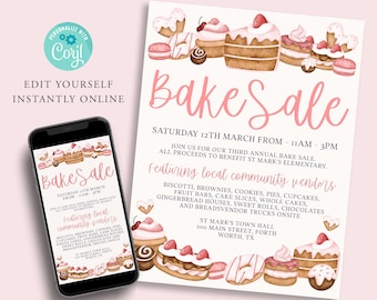 Plantilla editable de volante de venta de repostería, venta de bricolaje, volante de feria comunitaria, invitación digital, invitación imprimible, instantánea, cupcakes, pasteles