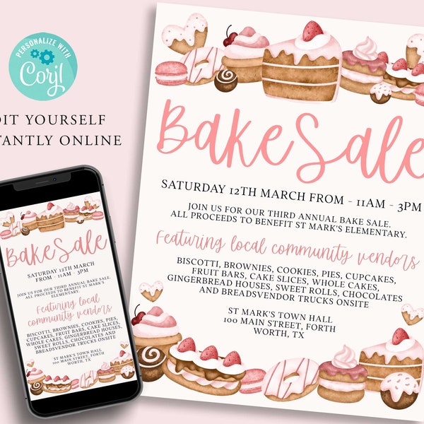 Editable BAKE SALE Flyer Template, DIY Market Sale, Community Fair Flyer, Digital Invitation, Printable Invite, Instant, Cupcake, Cake