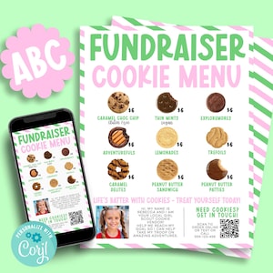 May include: A pink and green cookie fundraiser menu with a smartphone displaying the menu. The menu lists various cookie types with prices. A pink flower-shaped graphic with the letters "ABC" is in the upper left corner.