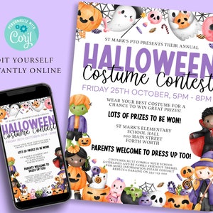 May include: A purple and white Halloween costume contest flyer with a cartoon ghost, pumpkins, and candy. The flyer says "St. Mark's PTO Presents Their Annual Halloween Costume Contest" and includes the date and time of the event. The flyer also says "Parents Welcome to Dress Up Too!"