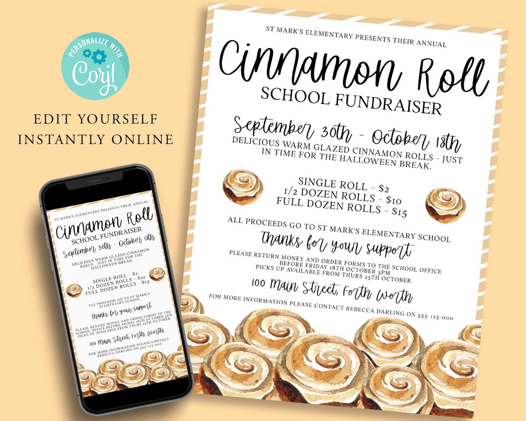CINNAMON Roll Fundraiser Editable Flyer Template, School Church Charity ...
