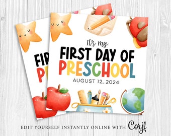 FIRST DAY of PRESCHOOL Gift Tag, First Day of School, Back To School Diy card, first day sign, gift for teacher student, Printable Corjl