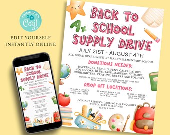 BACK to SCHOOL Supply Drive Flyer, Editable Flyer, Pta, Fundraiser, Family Newsletter, PTO, Take Home Flyer, Digital Invite, Printable Corjl