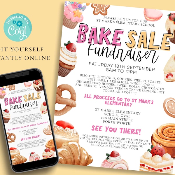 BAKE SALE Social Fundraiser Editable Template, Flyer, Printable PTA Flyer, School Church or Community Fundraiser, cupcakes pastries