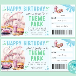 Birthday THEME PARK Editable Gift Ticket Template, Birthday Gift Certificate, Surprise Ticket, Getaway, INSTANT, Carnival, Amusement Park