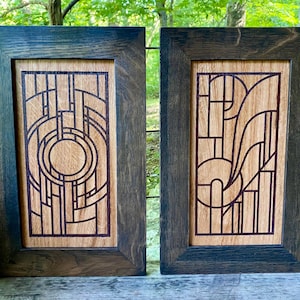 Set of 2 Oak Engravings, Art Deco Mission Style Wall Art, Frank Lloyd Wright inspired
