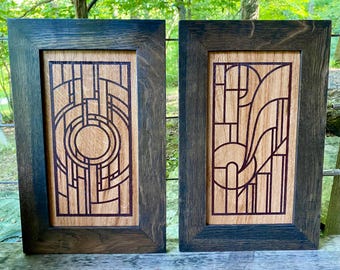 Set of 2 Oak Engravings, Art Deco Mission Style Wall Art, Frank Lloyd Wright inspired