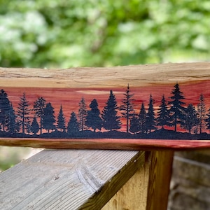 Laser Engraved forest scene: Live Edge Cedar. Lodge, Cabin, Adirondack Decor