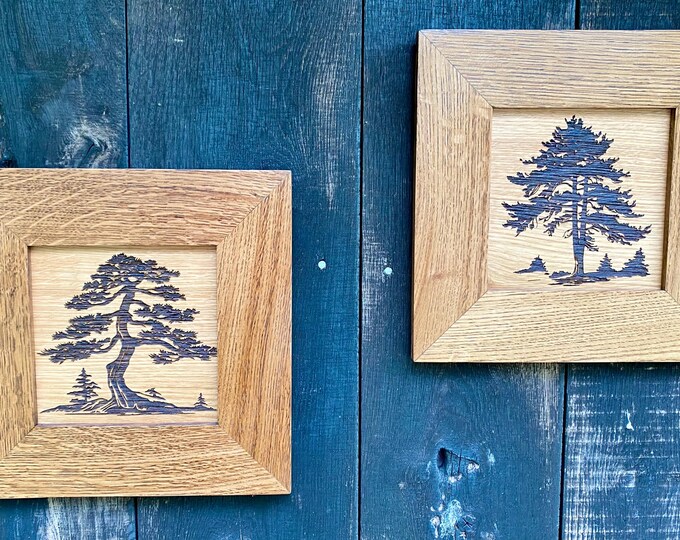 Engravings In Trees Oak Framed Pine Tree Engravings. Set of 2. Lodge Cabin Adirondack ...