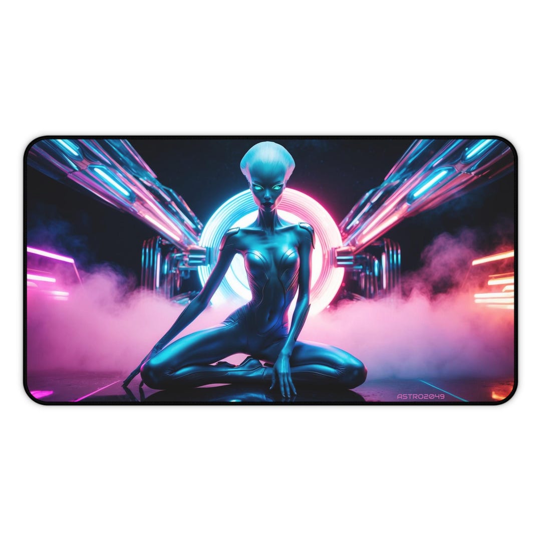 Alien Desk Feature CYBERPUNK - ALIEN - Futuristic Alien Desk Mat - Cosmic Gamer Mouse Pad ...