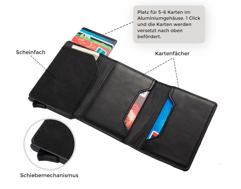 HAFEID Kartenetui mit RFID Schutz und Münzfach Mini Geldbörse mit Magnetverschluss Slim Wallet mit Kartenschieber Portemonnaie Vegan Czarny