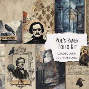 ポーの「The Raven」折りたたみ式フォリオキット、ゴシック、エフェメラ付きフォリオ、印刷可能なフォリオ、エドガー・アラン・ポー、ネヴァーモア、即時ダウンロード