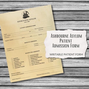 Formulario de admisión de pacientes del manicomio Ashbourne, formulario imprimible para imprimir, material para fiesta de Halloween, hoja de collage de papel, fiesta de misterio de asesinato