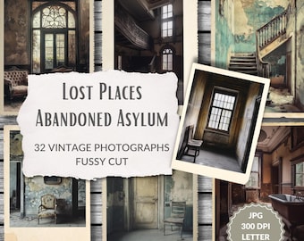 Abandoned Asylum Photographs, haunted asylum, asylum printable cabinet cards, halloween party prop, paper collage sheet, haunted hospital