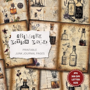 Puede incluir: Páginas de diario de chatarra imprimibles con una estética vintage que presenta ilustraciones de botellas de pociones, hierbas y texto. Las páginas están etiquetadas como "Grimoire Potion Pages" y son de tamaño carta de 300 DPI.