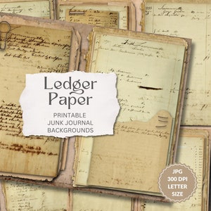 Ledger Paper Junk Journal pages, digital paper, scrapbooks, collage sheets, vintage paper printable, Collage Sheet, Scrapbook Ephemera