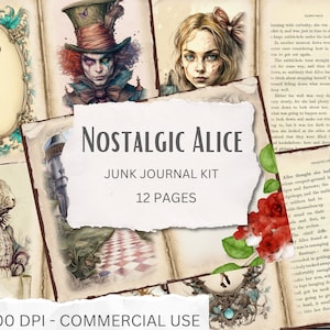 Nostalgic Alice - Junk Journal Kit, wonderland ephemera, vintage Alice printable, paper craft, Mad Hatter, Queen of Hearts, instant download