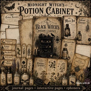 Könnte beinhalten: Eine Sammlung von Papier-Ephemera im Vintage-Stil mit dem Titel Midnight Witch's Potion Cabinet. Enthält bedruckte Tagebuchseiten, Zaubertranketiketten, Inventarlisten und Rezeptkarten mit Illustrationen von Kräutern, Totenköpfen und Flaschen in Sepiatönen.