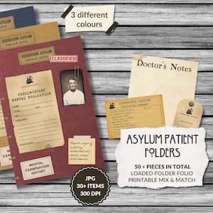 May include: A selection of vintage asylum patient folders in blue, beige, and burgundy. The folders contain patient records, doctor's notes, and a photograph. The text reads "ASYLUM PATIENT FOLDERS" and "PRELIMINARY MENTAL EVALUATION."