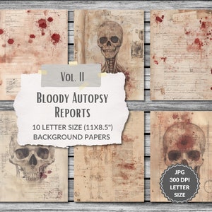 Könnte beinhalten: Zehn Hintergrundpapiere im Letter-Format (11x8,5 Zoll) mit einem Vintage-Medizin-Thema. Die Papiere zeigen eine Schädel-Illustration und Blutflecken auf einem cremefarbenen Hintergrund.