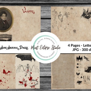 Vampire Junk Journal Gothic Halloween Horror páginas para impressão, diários, pacote de scrapbook, artesanato em papel, Nosferatu, coisas efêmeras góticas