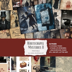 May include: A printable junk journal kit with a Victorian theme. The kit includes 26 pages of images and ephemera related to the Whitechapel Mysteries, including a bloody heart, a newspaper headline that reads "The Ripper Strikes Again", and a wanted poster for "Jack the Ripper".
