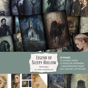 Sleepy Hollow printable Junk Journal Kit, Headless Horseman, victorian Halloween, creepy gothic pages folktale supernatural ephemera collage
