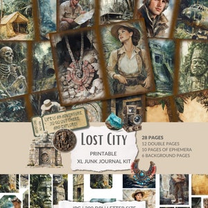 Lost City Junk Journal Kit - 28 printable pages, archaeology, mayan, digging site, uncharted adventure, treasure map, digital, excavation