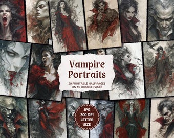 Elegant Vampire Portraits, printable vampire pages, gothic digital paper, haunting vampire ephemera, Nosferatu, instant download