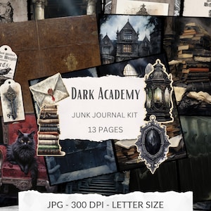Könnte beinhalten: Ein digitales Collage-Kit für Junk Journaling mit einem dunklen Akademiker-Thema. Das Kit enthält 13 Seiten mit Bildern eines unheimlichen Herrenhauses, einer schwarzen Katze, eines Stapels Bücher, eines Schlüssels, eines Umschlags, einer Laterne und eines Spiegels. Der Text "DARK ACADEMY" und "JUNK JOURNAL KIT" ist im Collage enthalten. Das Kit ist 300 DPI und im Format Brief.
