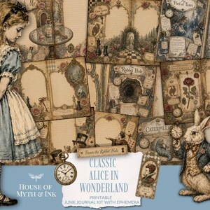 Alice in Wonderland Journal Kit, Wonderland Archives, Printable Wonderland Pages, Wonderland Junk Journal, 150 ephemera pieces, download