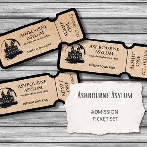 Ashbourne Asylum Admission Tickets Tags label Halloween ephemera, crime dinner, Collage Sheet Digital Scrapbooking Add on, murder mystery