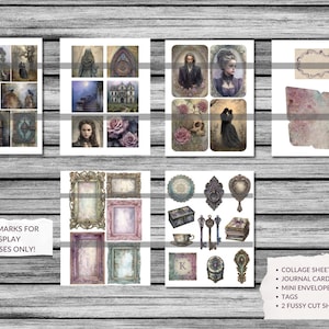 May include: A collection of collage sheets, journal cards, tags, and fussy cut sheets with a gothic theme. The sheets feature illustrations of castles, portraits, keys, and frames in shades of gray, purple, and cream. The text "WATERMARKS FOR DISPLAY PURPOSES ONLY!" is visible.
