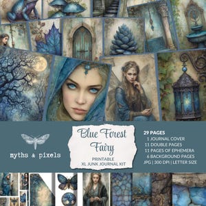 Könnte beinhalten: Digitales Junk-Journal-Kit "Blue Forest Fairy" mit Fantasy-Thema. Das Kit enthält ein Journal-Cover, Doppelseiten, Ephemera und Hintergrundseiten. Die Kunstwerke zeigen Blautöne, Feen und Waldelemente.