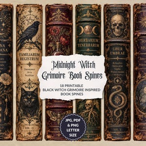 May include: Six vertical book spines featuring dark, ornate designs with gold accents. Text includes "Luna Arcana," "Familiarium Registrum," "Herbarium Tenebrarum," "Liber Umbrae," and "Somnia & Visiones." A central white label reads "Midnight Witch Grimoire Book Spines."