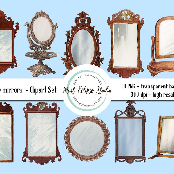 Vintage mirrors clipart antique wood frame - PNG transparent background - digital download - commercial use | C005