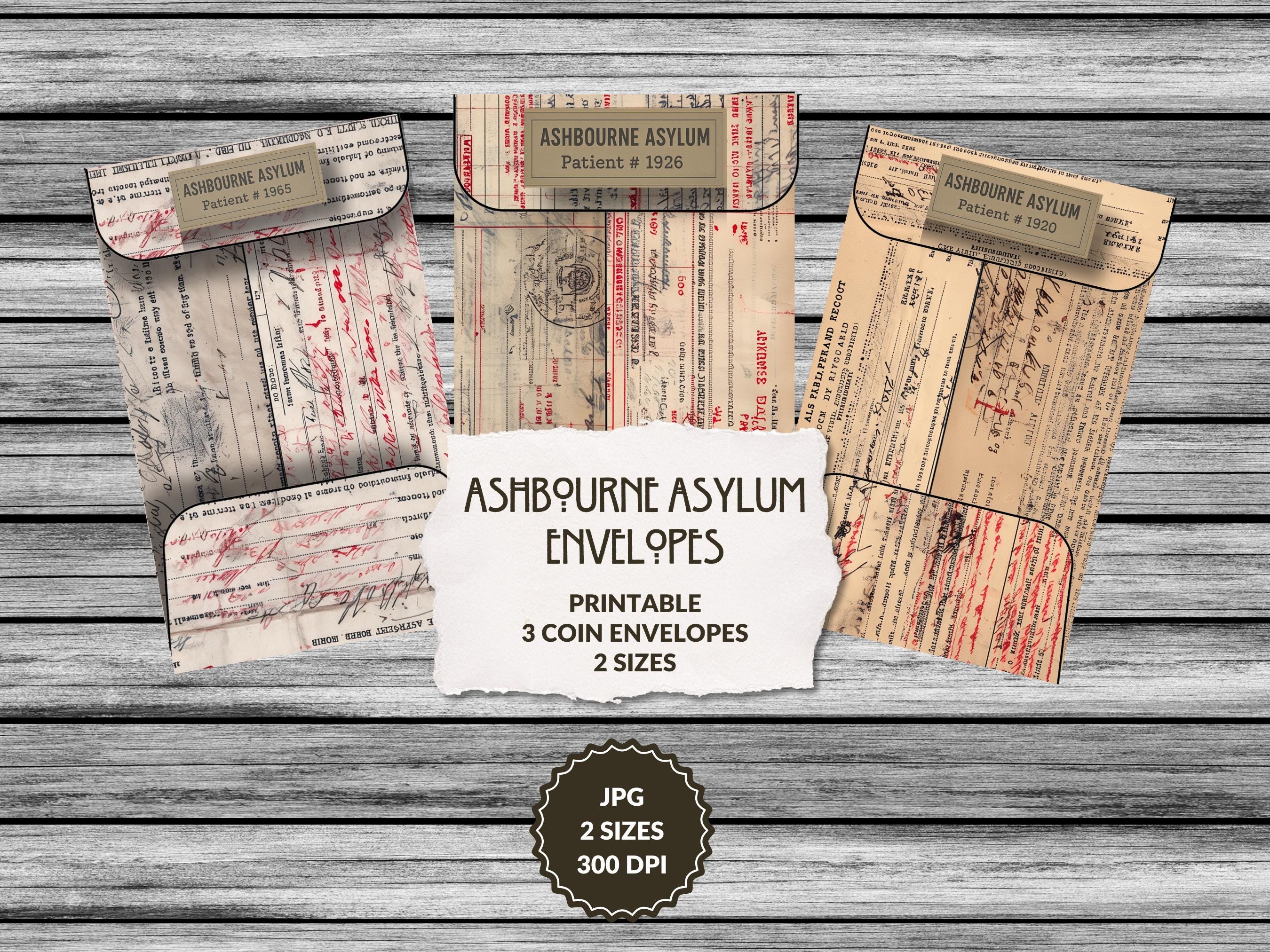 アシュボーン・アサイラム封筒、3つのデザイン、2つのサイズ、アサイラム文書、ハロウィーン・マッドネスのエフェメラ、ホラー印刷可能、即時ダウンロード -  Etsy 日本