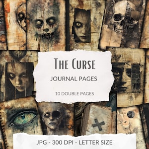 The Curse Junk Journal Pages, sinistere demon afdrukbaar, vervloekte horror, spookachtige collage sheet, griezelig, plakboek ephemera, grungy achtergronden