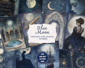 Blue Moon | Junk Journal Kit, Second Full Moon, printable full moon ephemera, celestial, traditional moon phases, instant download