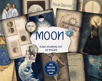 May include: A digital junk journal kit with 12 pages featuring a moon theme. The kit includes images of moons, stars, celestial bodies, and text such as "Moon Dreams", "Night Sky", and "Junk Journal Kit".