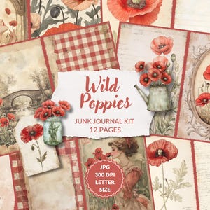 Kit de journal intime Wild Poppy Junk, 12 pages, coquelicots rouges, pages imprimables vintage florales, éphémères de coquelicots, fleurs, téléchargement numérique, scrapbooking
