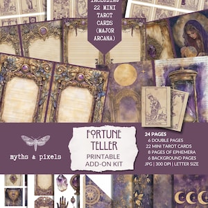 Fortune Teller - Add-on Junk Journal Kit, palm reading, including mini tarot cards, palmistry, mystical, pockets, ephemera, instant download