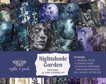 Nightshade Garden – Junk Journal Kit, dark aesthetic botanical, midnight poison garden, gothic botanist, dark academia, instant download