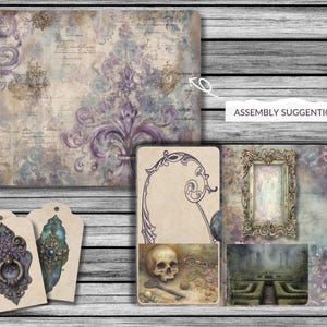 May include: A collection of vintage-style ephemera with a distressed, aged aesthetic. Includes decorative tags, a large rectangular piece with floral and script elements, and smaller cards featuring ornate frames and a skull.