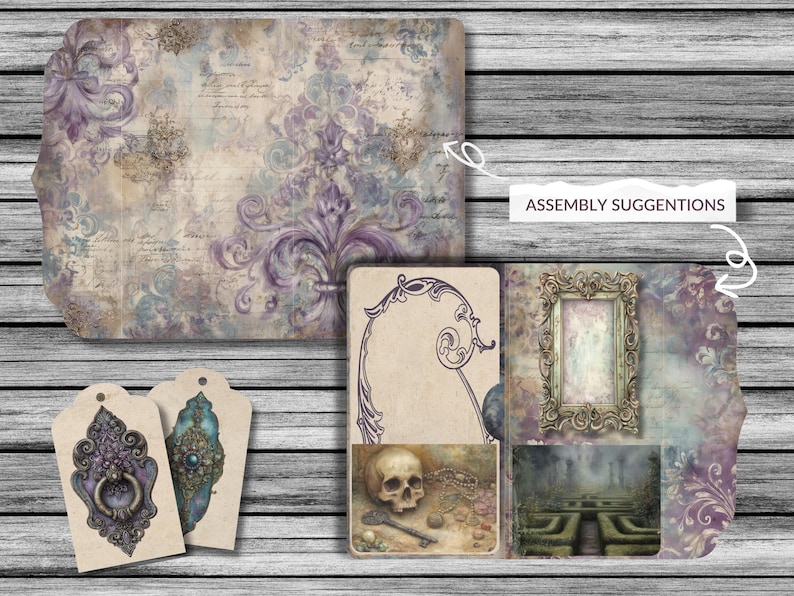 May include: A collection of vintage-style ephemera with a distressed, aged aesthetic. Includes decorative tags, a large rectangular piece with floral and script elements, and smaller cards featuring ornate frames and a skull.